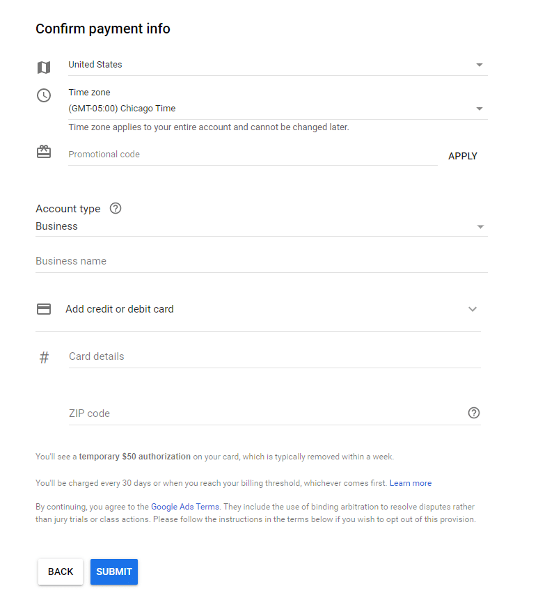 Google Ads أدخل معلومات الدفع